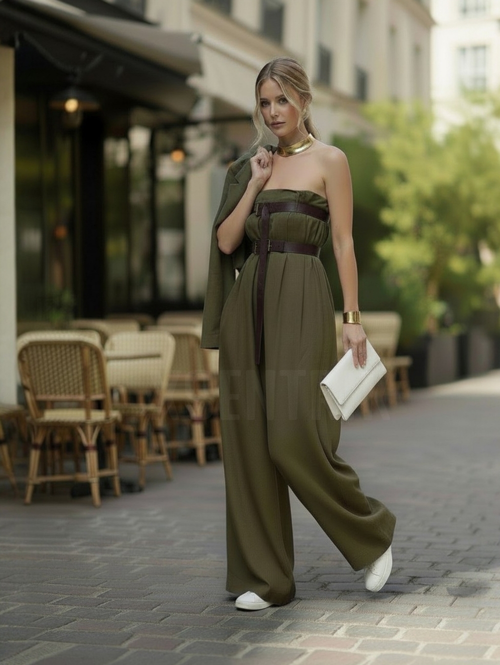 Strapless Wide-Leg Jumpsuit w/ Cinching Accents ▪︎ Curvy ▪︎ Olive ▪︎ XXL - Picture 5 of 15